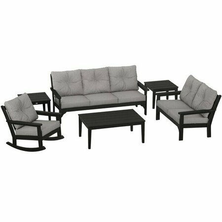 POLYWOOD Vineyard Black / Grey Mist 6-Piece Deep Seating Patio Set with Rocking Chair and Sofa 633PWS42B145